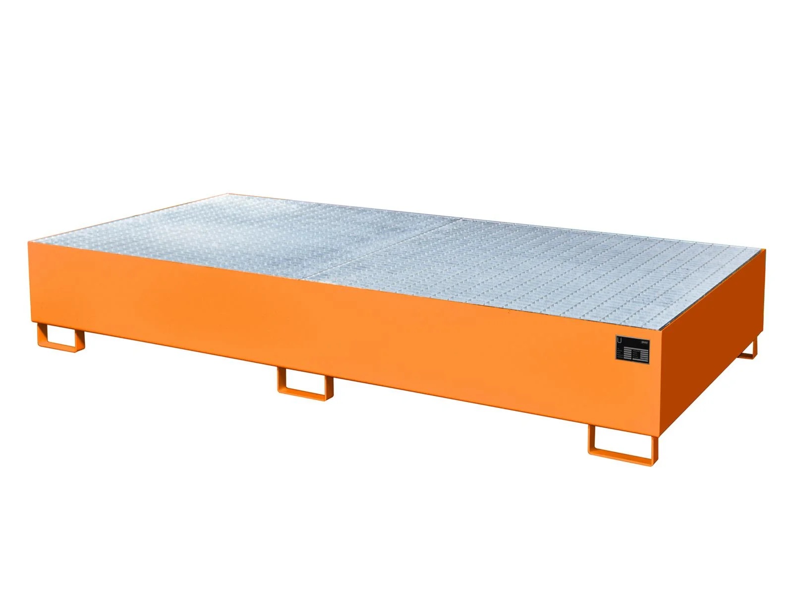 BAUER vasca di raccolta AW 1000-2 per 2 IBC da 1000 l, verniciata RAL 2000 arancio giallastro, 2650 × 1300 × 435 mm, 1000 l, con grigliato