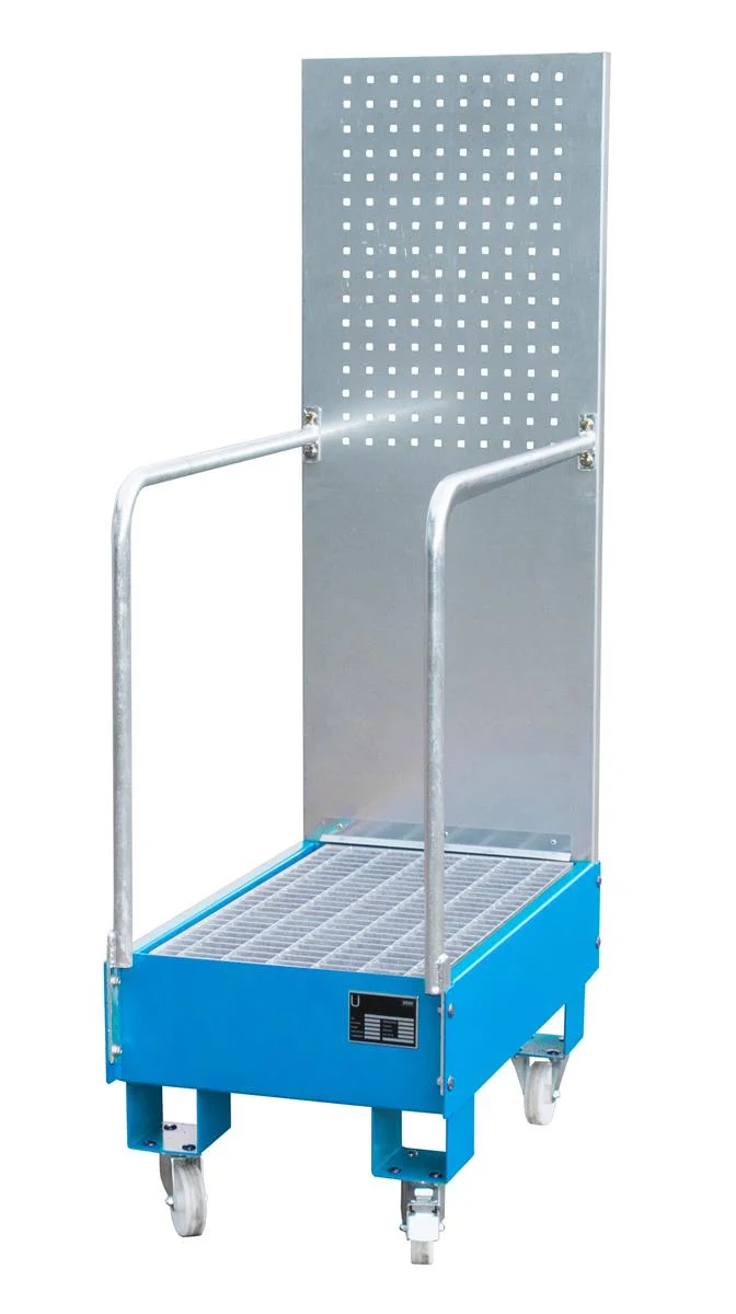BAUER Fahrbare Auffangwanne mit Lochplattenwand LPW 60-3 für 2 Fässer à 60 l, lackiert RAL 5012 Lichtblau, 500 × 875 × 1685 mm, 60 l
