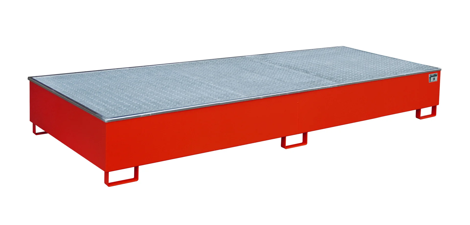 Vasca per scaffalature 3265 x 1315 x 385 mm, capacità 1000 litri, con inserto in PE e grigliato metallico 3300-3, Metallplattform, Stahl-Diamantplatte, rote Plattform, industrielle Bank, Stützfüße
