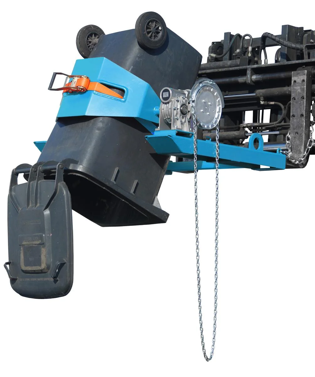 BAUER Drum Tipper FLEX-K, Painted RAL 5012 Light Blue, Endless Chain, 360°, Drums 60–220 l, 300 kg, 1000 × 1030 × 405 mm