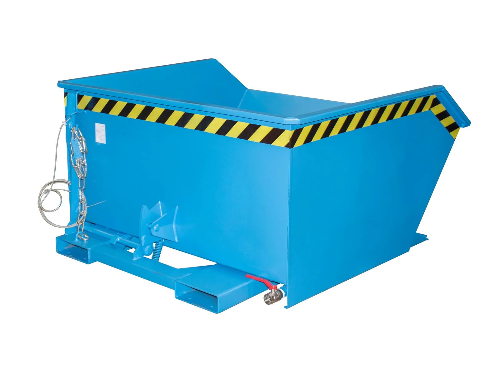 BAUER Späne-Kippbehälter SGU 75, lackiert RAL 5012 Lichtblau, 0,75 m³, 1000 kg, Lochblech und Ablasshahn, 1440 × 1280 × 680 mm