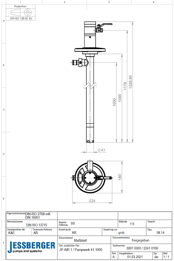 JP-AIR 1 SS Ø 41 Set Pompa per Fusti – Soluzione Efficiente per Liquidi Infiammabili in Aree a Rischio di Esplosione