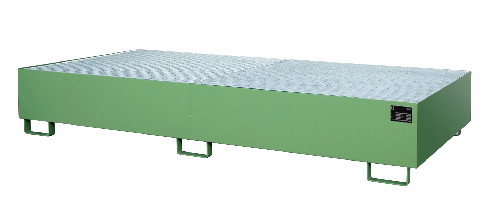 BAUER Regalwanne RW-GR 2700-3 mit Gitterrost für Trägerlänge 2700 mm, lackiert RAL 6011 Resedagrün, 2650 × 1300 × 435 mm, 1000 l