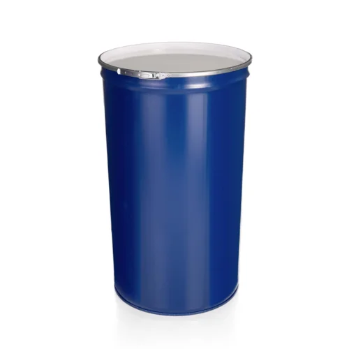 Fusto metallico conico da 220 litri, verniciato, dimensioni 581 × 581 × 963 mm, con certificazione UN e coperchio rimovibile, Eimer, Blaue Farbe, Metall, Deckel, Mülltonne