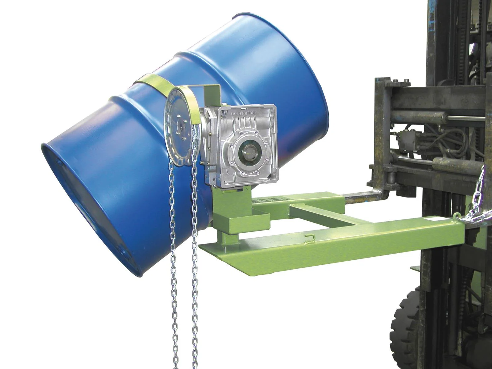 BAUER Drum Tipper FD-K, Painted RAL 6011 Reseda Green, for Forklift, Endless Chain, 200 l Drums, 360 kg, 1245 × 1100 × 610 mm