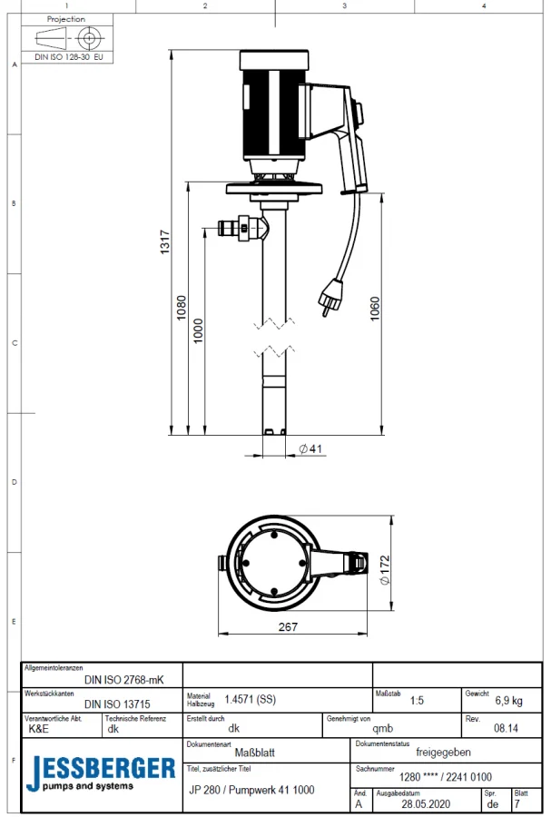 JP-280 SS (HC) Ø 41 Set di pompe per fusti – Soluzione efficiente per acidi diluiti, alcali e detergenti