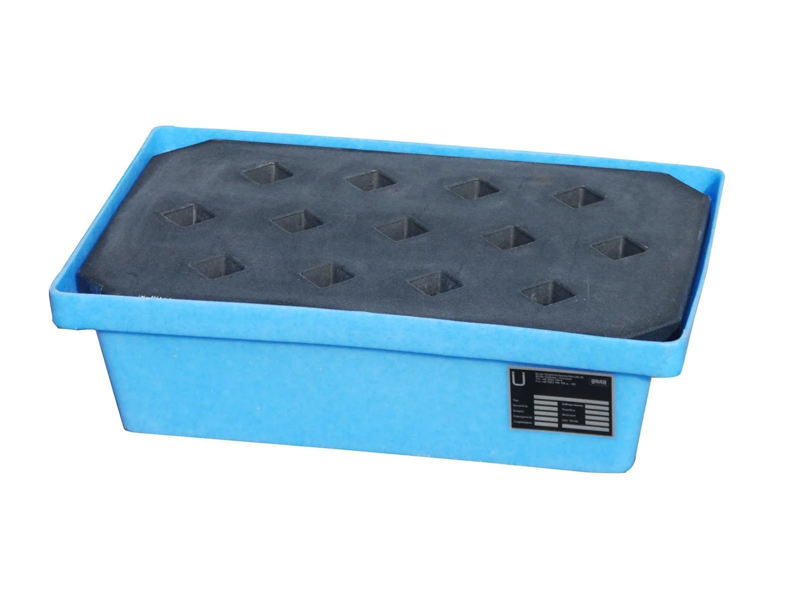 Vasche di contenimento in PE per pallet 600 x 400 x 170 mm, tipo KWP-P, 20 litri, con Lochrost, blauer schale, werkzeugablage, schaumstoffeinlage, rechteckige schale, schwarzer schaum