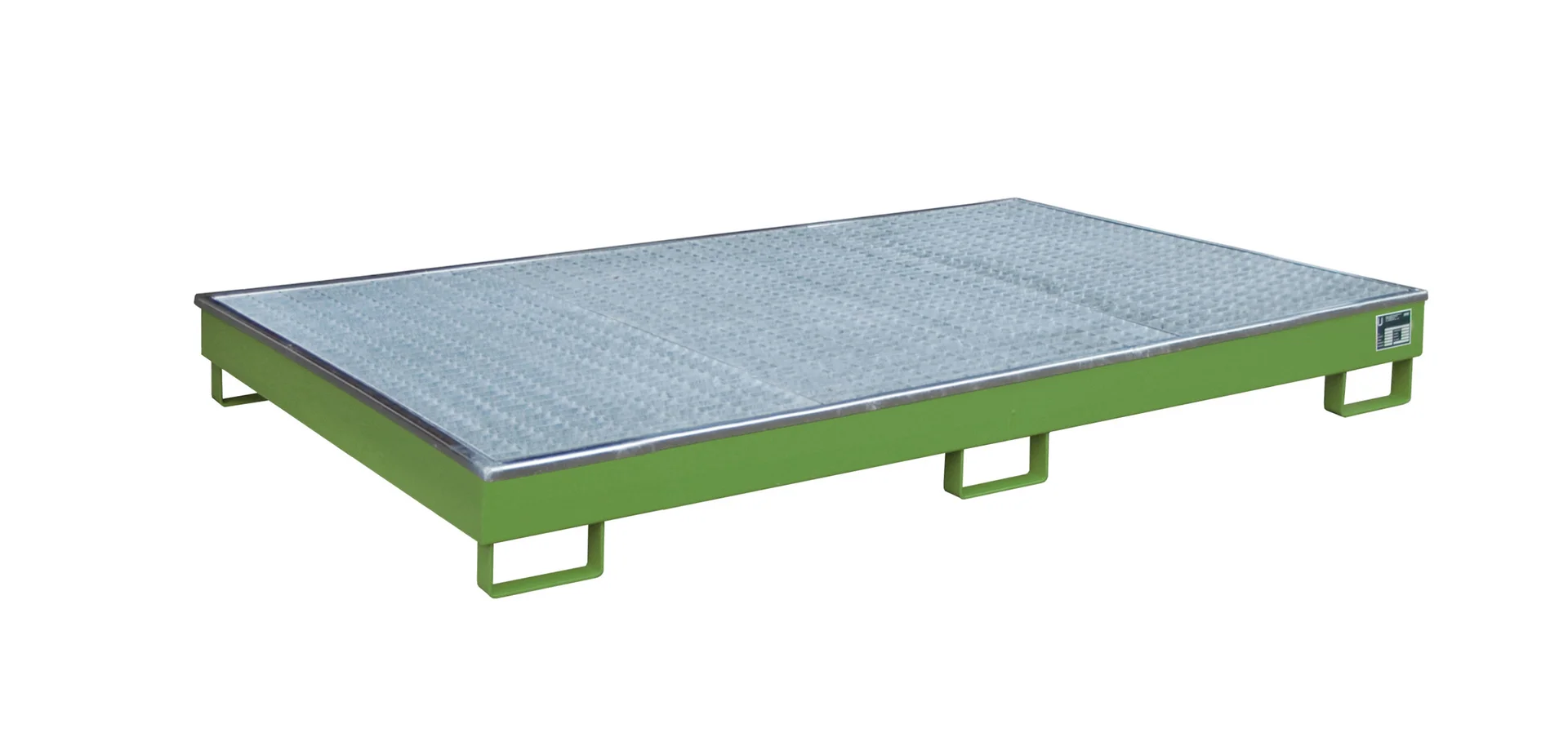 Vasca di contenimento per scaffalature 2165×1315×230 mm, 240 litri, con inserto in PE e griglia metallica 2200-1, RAL 6011 Verde Reseda