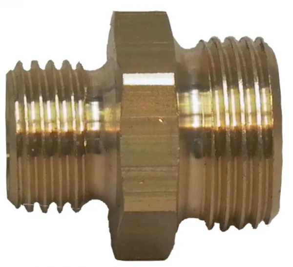 Doppio nipplo in ottone con corona interna su entrambe le estremità, filettatura esterna R1/4" x R3/8" MATO