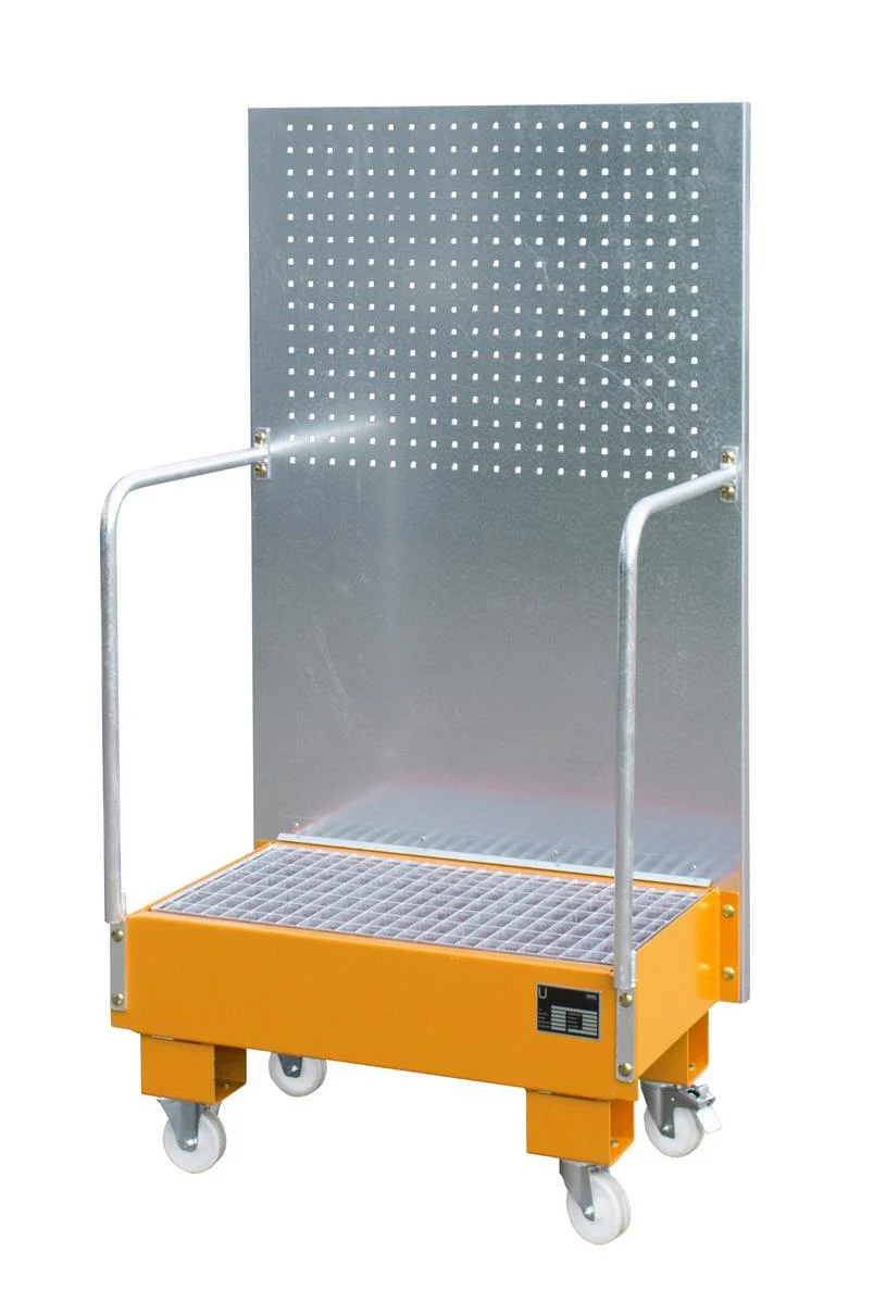 BAUER Fahrbare Auffangwanne mit Lochplattenwand LPW 60-2 für 2 Fässer à 60 l, lackiert RAL 2000 Gelborange, 890 × 570 × 1685 mm, 60 l