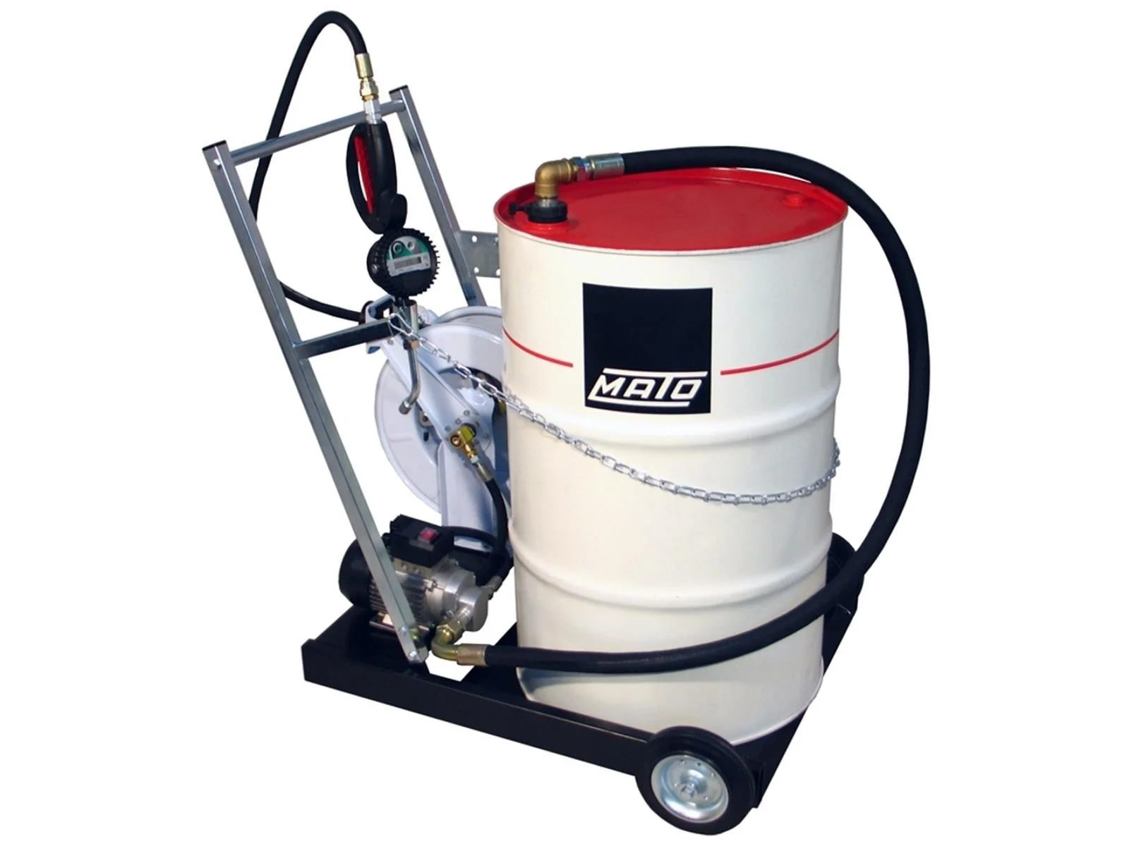 MATO sistema di pompe elettriche a ingranaggi EP200-F, mobile, per fusti di olio da 200 litri, con avvolgitubo da 10 m.