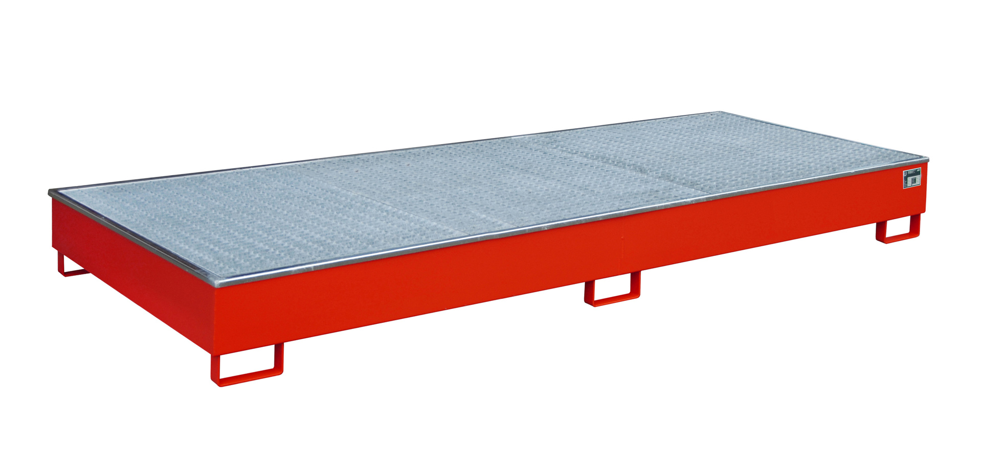 Vasca per scaffalature 3265 x 1315 x 270 mm, 540 litri, con inserti in PE, con grigliato metallico, 3300-2, Rosso fuoco RAL 3000
