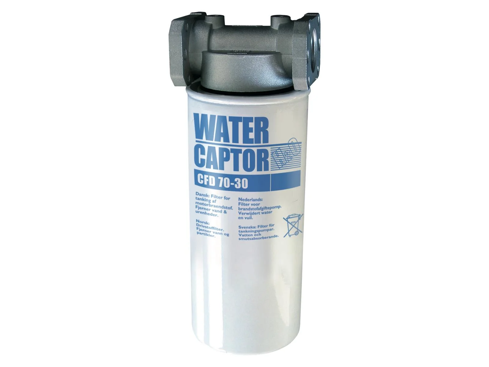 Separatore d'acqua 70L/min, 2 pz. + supporto da 1", Wasserfilter, Wasserbehälter, Filterkanister, Metallkappe, blaue Beschriftung