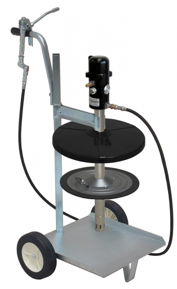 Druckluftschmiergerät pneuMATO 55 fahrbar mit 10 m Hochdruckschlauch DN6 für 18/20 kg Fetteimer, Innen-Ø 265-285 mm