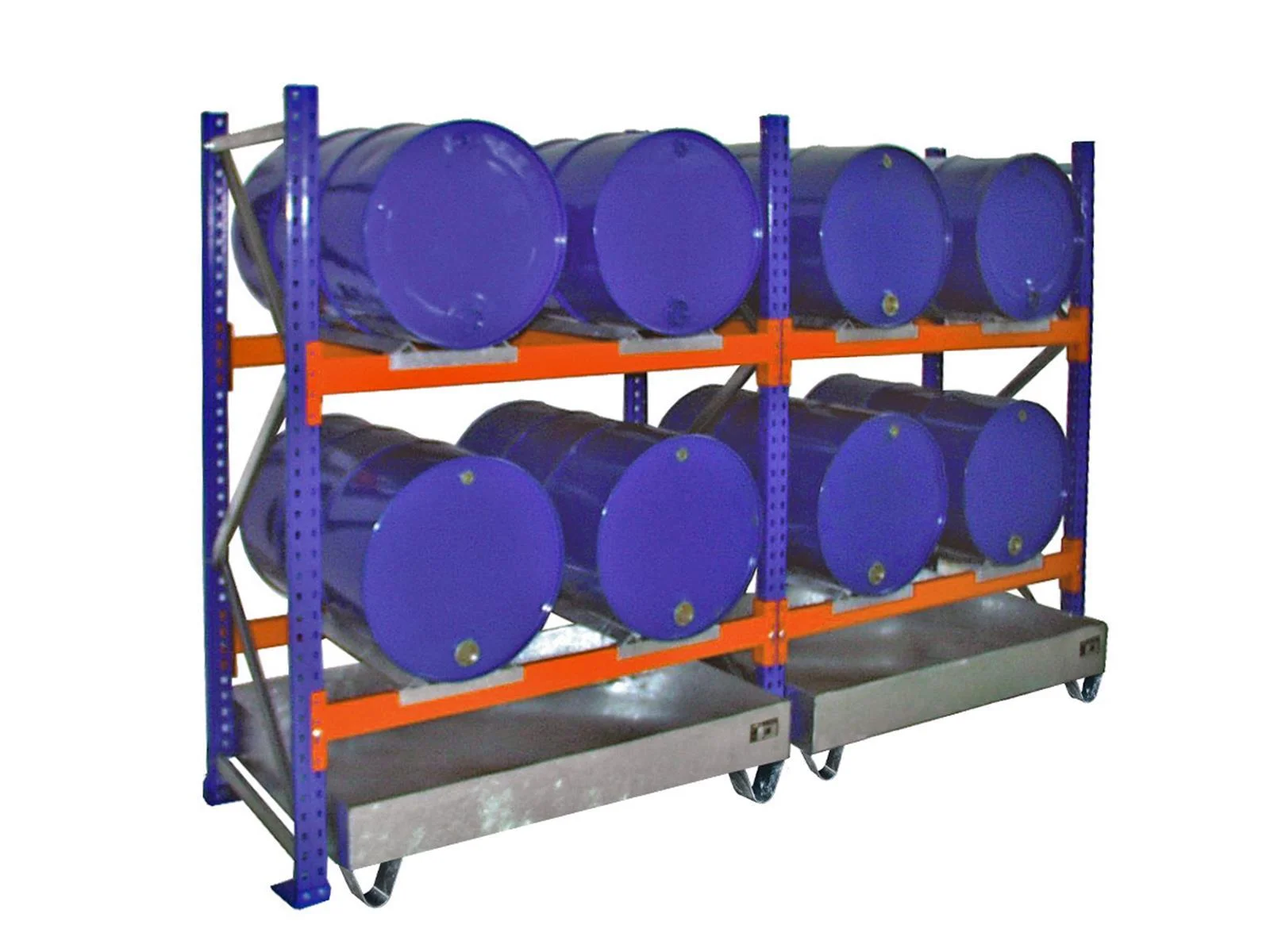 Scaffalatura per fusti con vasca di contenimento 3000, zincata BAUER, Trommelstab, Stahlregal, Blaue Tonnen, Industrie-Regel, Fassregal