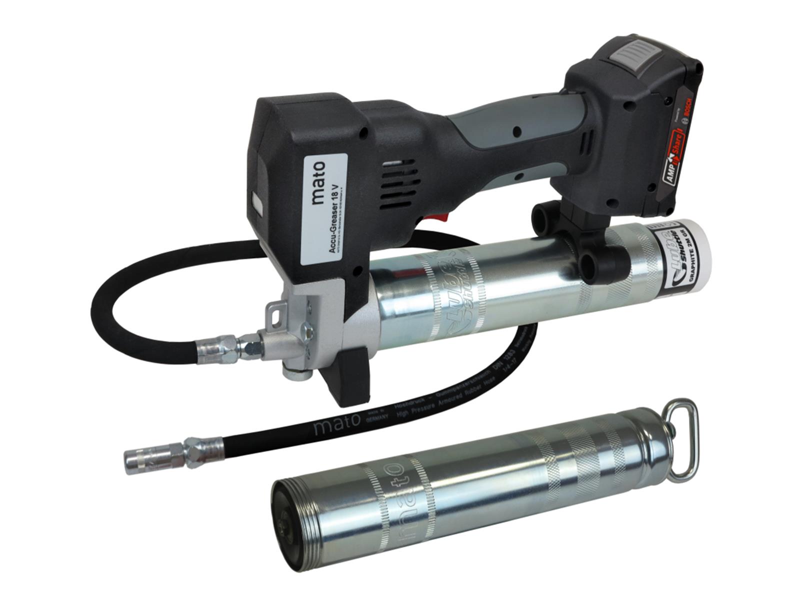 Akku-Fettpresse 18V Li-Ion für Lube-Shuttle® und 400g Pull-Off-Kartuschen ACCU-GREASER Premium MATO Akku-Fettpresse 18V Li-Ion für Lube-Shuttle® und 400g Pull-Off-Kartuschen ACCU-GREASER Premium MATO