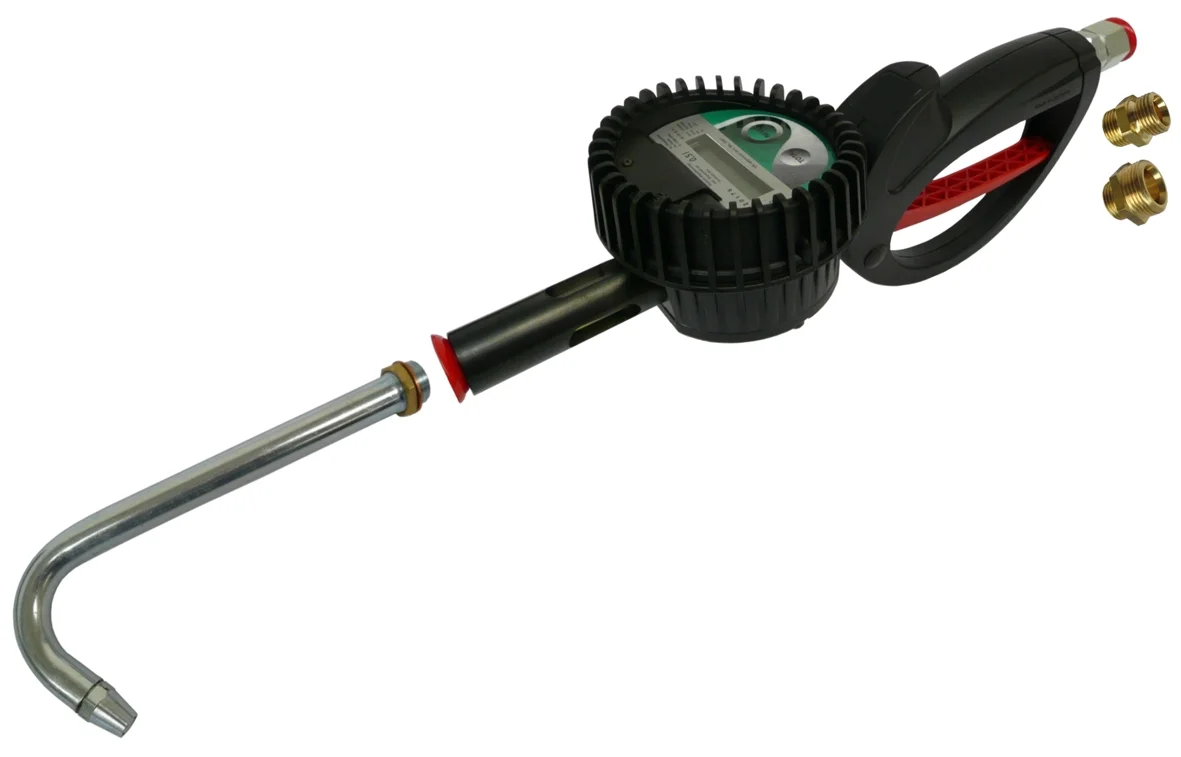 Misuratore di flusso elettronico, tarabile e con omologazione MID, giunto girevole con scarico olio del riduttore e protezione antigoccia., Druckminderer, Gasregler, Kunststoffgriff, Schlauchanschluss, Metallrohr