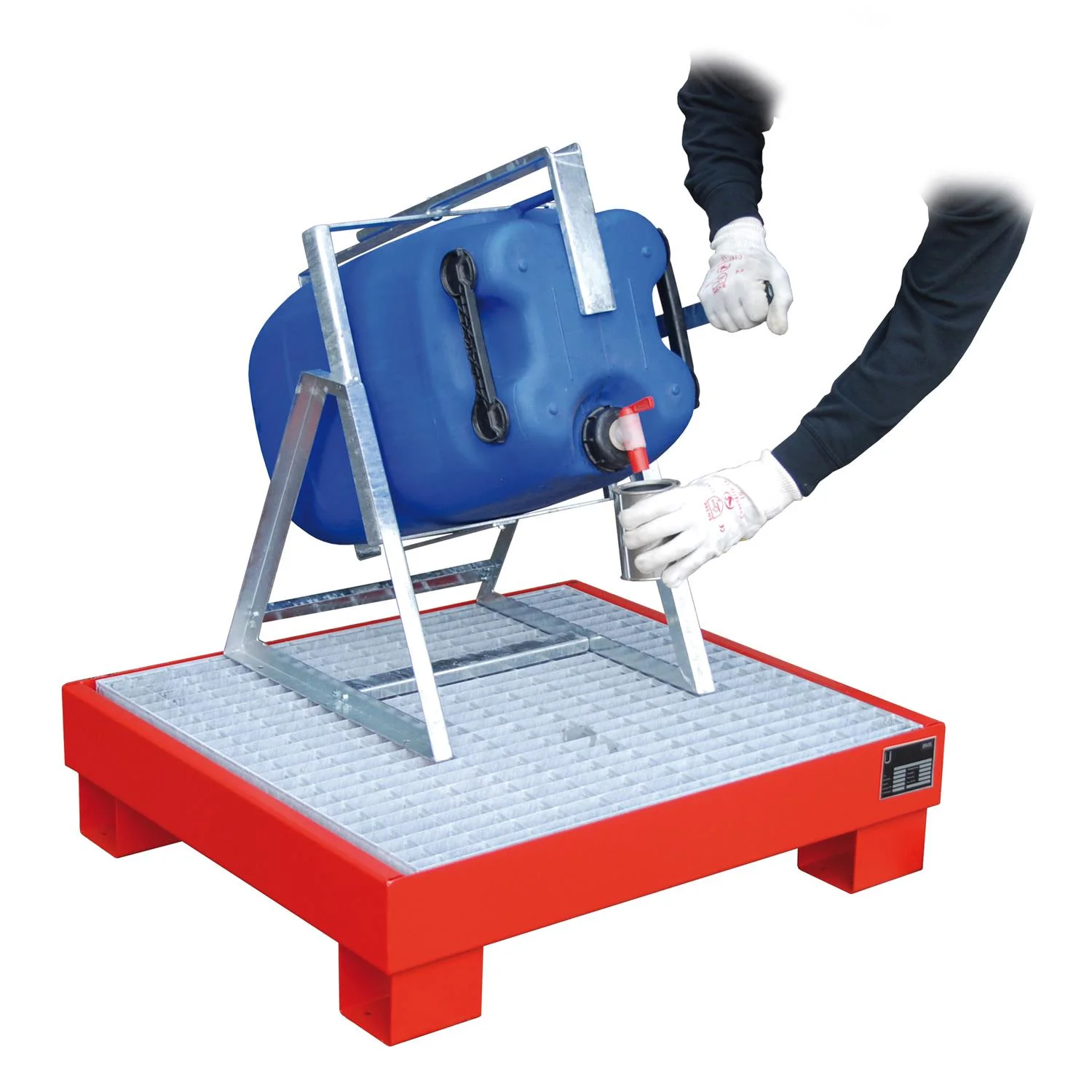 Aiuto per il riempimento di bidoni zincato KAH-60, blauer Fass, Trommelbehälter, Industrietrommel, Metallständer, rote Palette