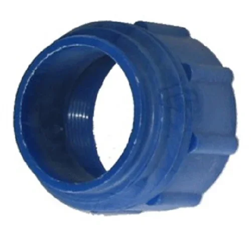 Adattatore per pompa manuale AdBlue® per fusti di plastica da 200 litri, 2" BSP fine x filettatura grossa Mauser, blue plastic fitting, threaded coupling, PVC connector, blue nut, internal thread
