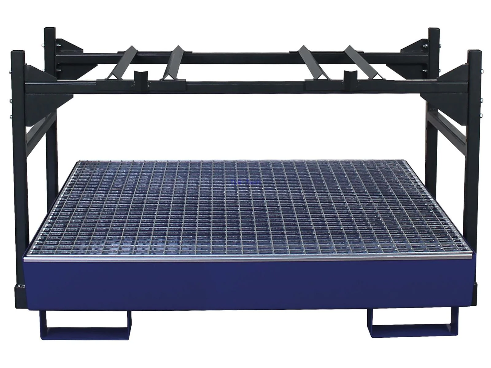Scaffalatura per fusti con vasca di contenimento SAF-4 per 3 fusti da 60 L ovvero 2 fusti da 200 L, Grillrost, Schichtbett, Industriestativ, Metallrahmen, Schwarz/Blau