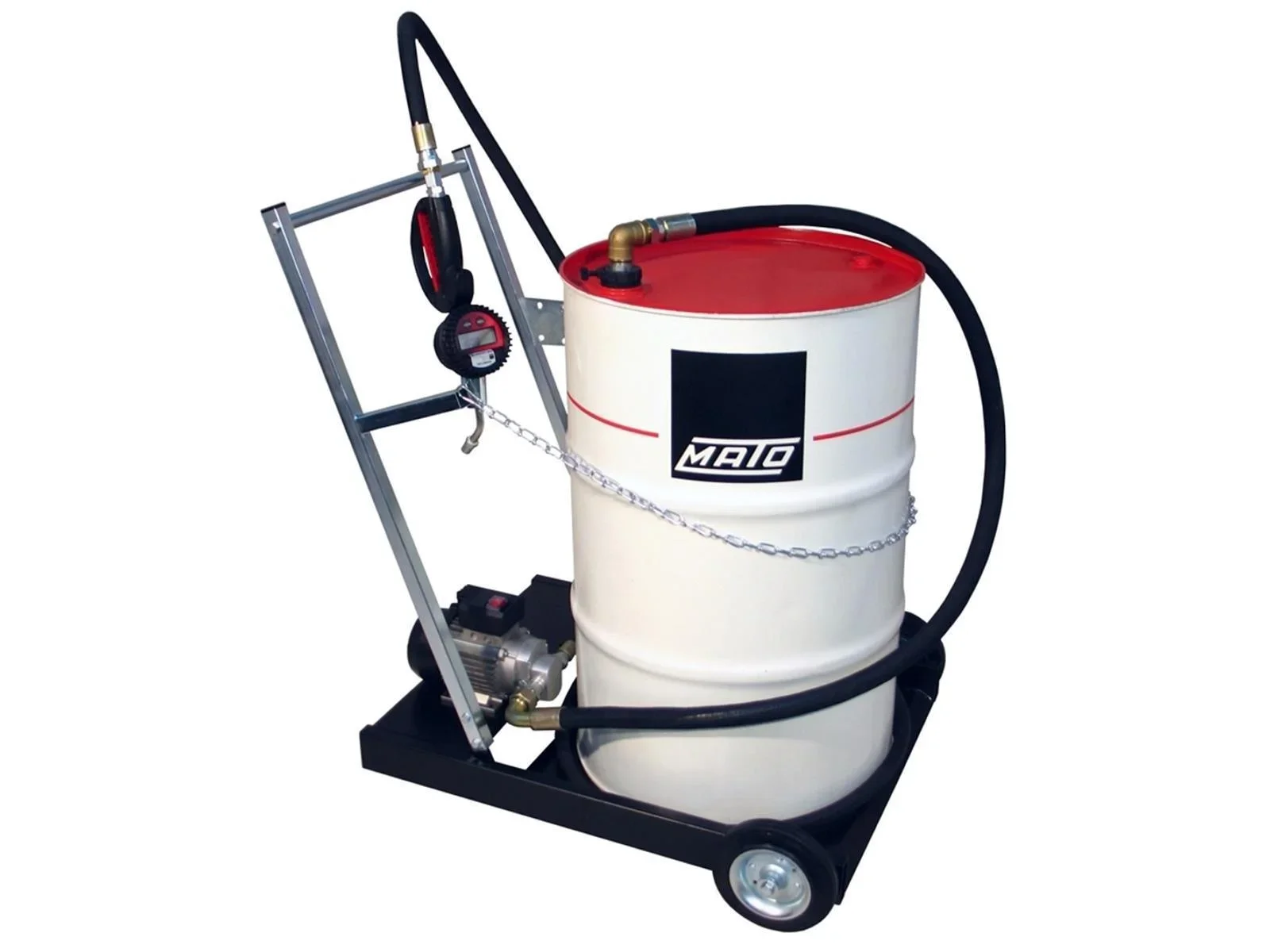 Sistema di pompe a ingranaggi elettrico EP300-F, portatile, per fusti di olio da 200 l, con tubo di mandata da 4 m, contatore di portata manuale DIGMET E35, con scarico dell'olio motore.