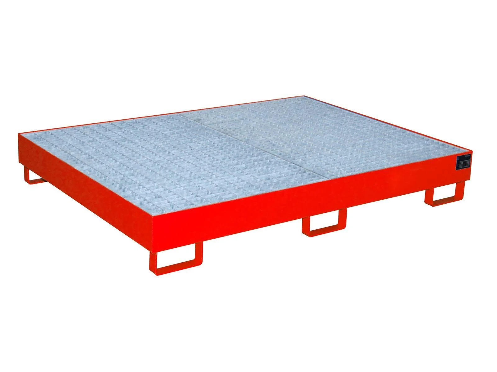 Vasche per scaffalature dimensioni 1750 x 1300 x 250 mm, capacità 240 litri, con grigliato metallico, colore RAL 3000 Rosso fuoco