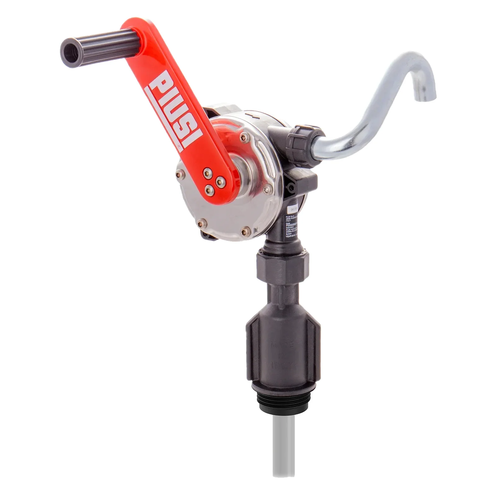 Pompa a manovella premium PIUSI per diesel e oli freschi con tubo di erogazione flessibile.