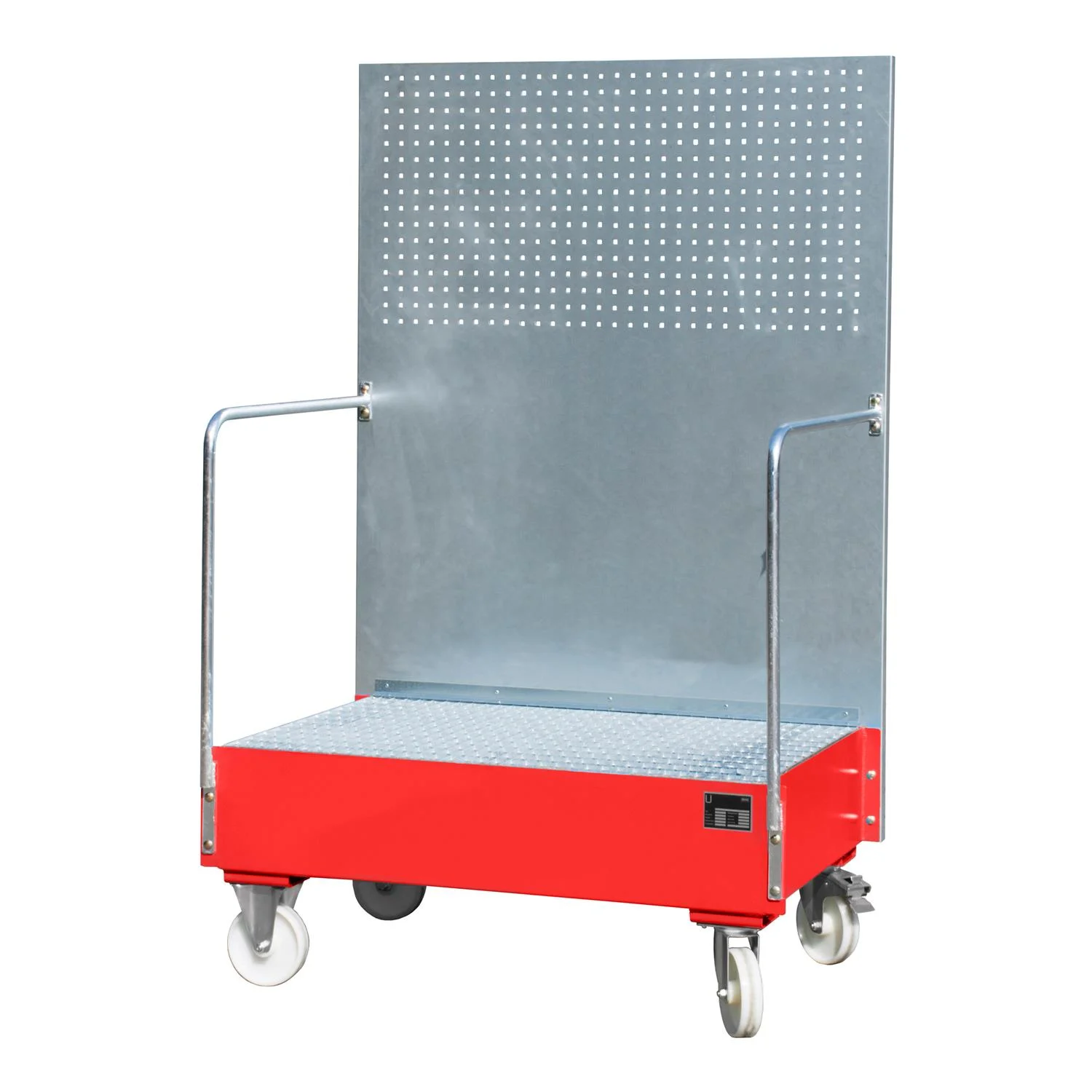 Vasca di contenimento mobile 870 × 1290 × 2015 mm, 215 litri, TIPO LPW 200-2, Transportwagen, Stahltisch, rote Basis, Rollräder, Handlauf