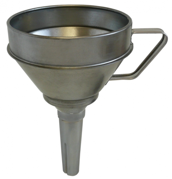 Weißblech-Trichter mit Sieb und starrem, geraden Auslauf 160 mm Durchmesser