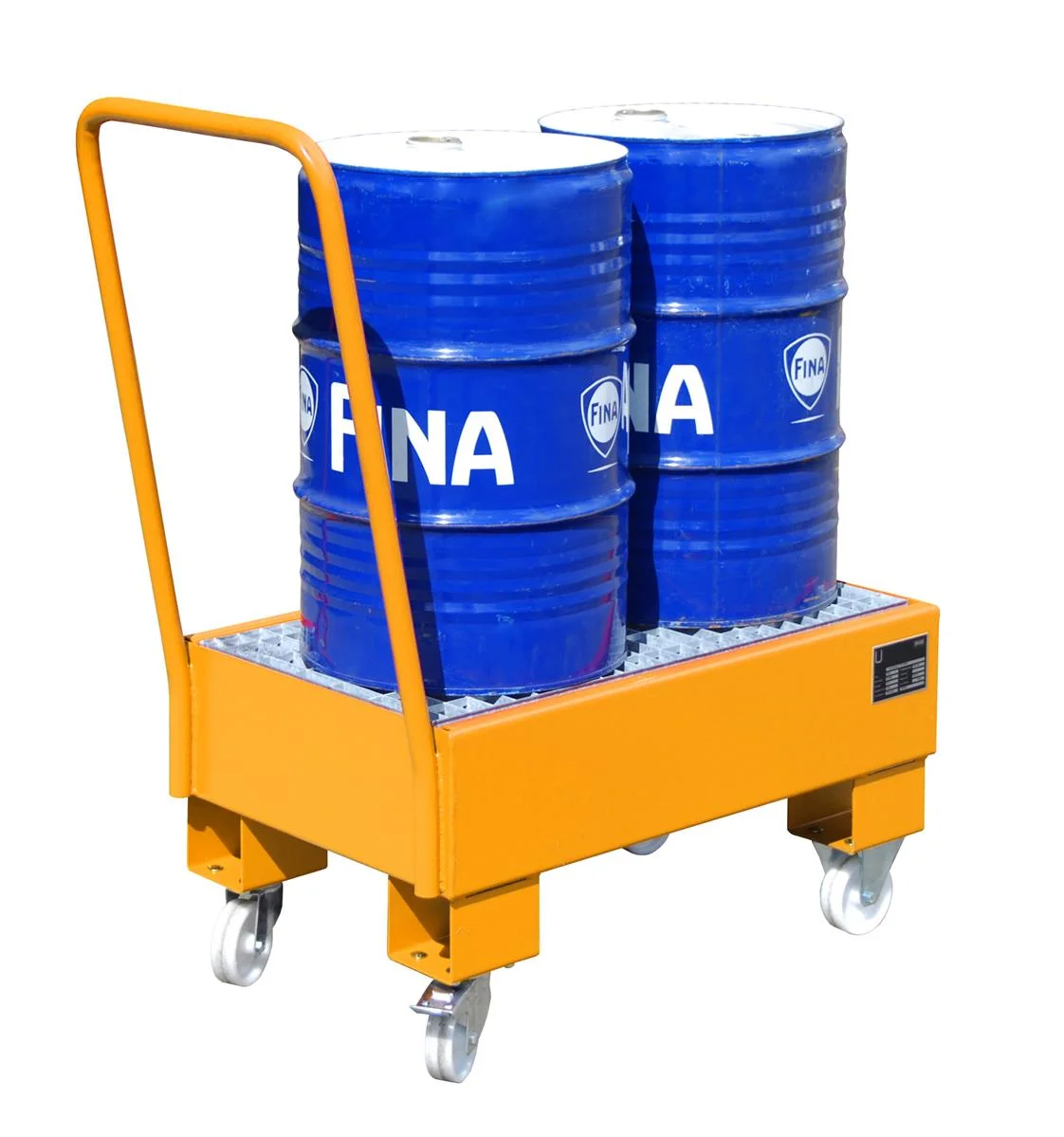 BAUER Fahrbare Auffangwanne AW 60-1 SR für 2 × 60-l-Fässer, lackiert RAL 2000 Gelborange, 500 × 940 × 1075 mm, 61 l