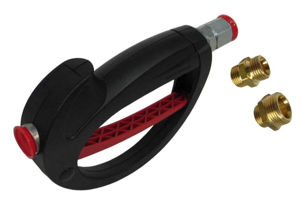 Pistola riempitrice per olio con protezione integrata e giunto girevole, senza ugello., Druckanzeige, Schlauchaufsatz, verstellbarer Ring, roter Knopf, Messinganschlüsse