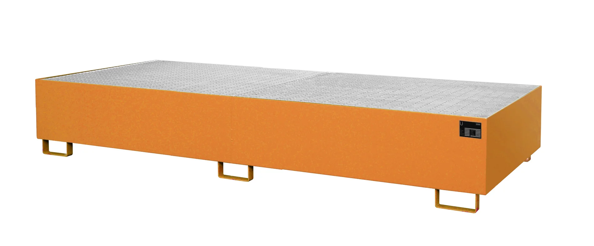 Vasche per scaffalature 3250x1300x380 mm, 1000 litri, con griglia., industrielle Plattform, orange Palette, Stahlliege, Lagerplattform, Rampenplattform