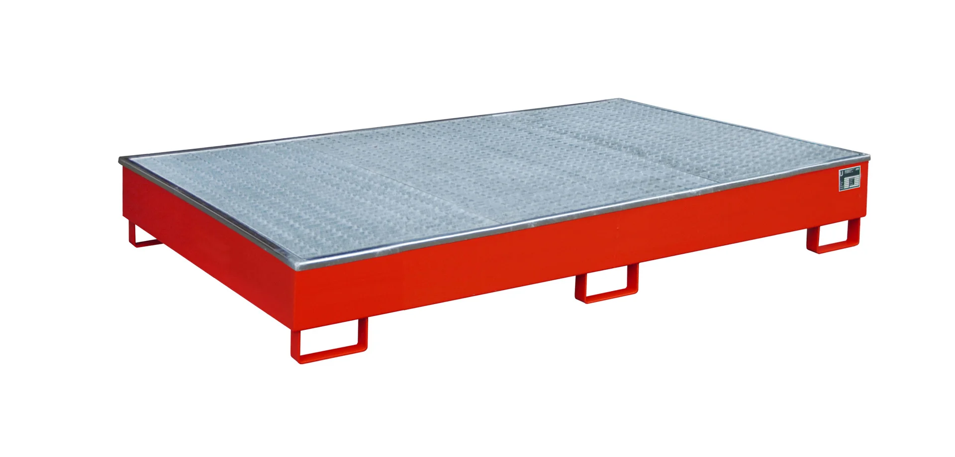 Vasca per scaffalatura 2165 x 1315 x 510 mm, 1000 litri, con inserto in PE e grigliato metallico 2200-2, plattform, plattformhöhe, metallplatte, roter rahmen, antihaft"
