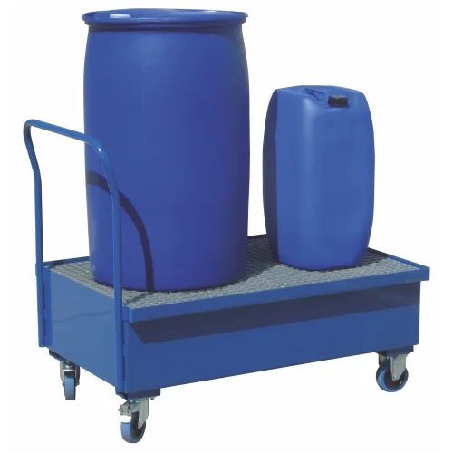 Vasca di contenimento mobile verniciata, dimensioni 1200 x 800 x 250/405/1200 mm, capacità 220 litri., blue barrel, drum on cart, chemical drum, gas container, on wheels cart