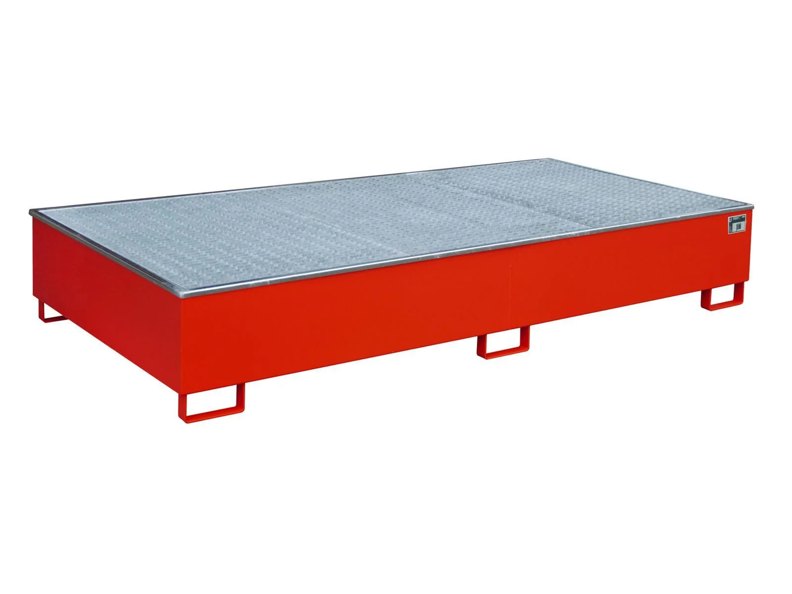 Vasca per scaffalatura 2665x1315x440 mm, capacità di 1000 L, con inserto in PE e griglia metallica, modello 2700-3, Plattform, Stahlplattform, Blecheoberfläche, orange Farbe, Trageböckle