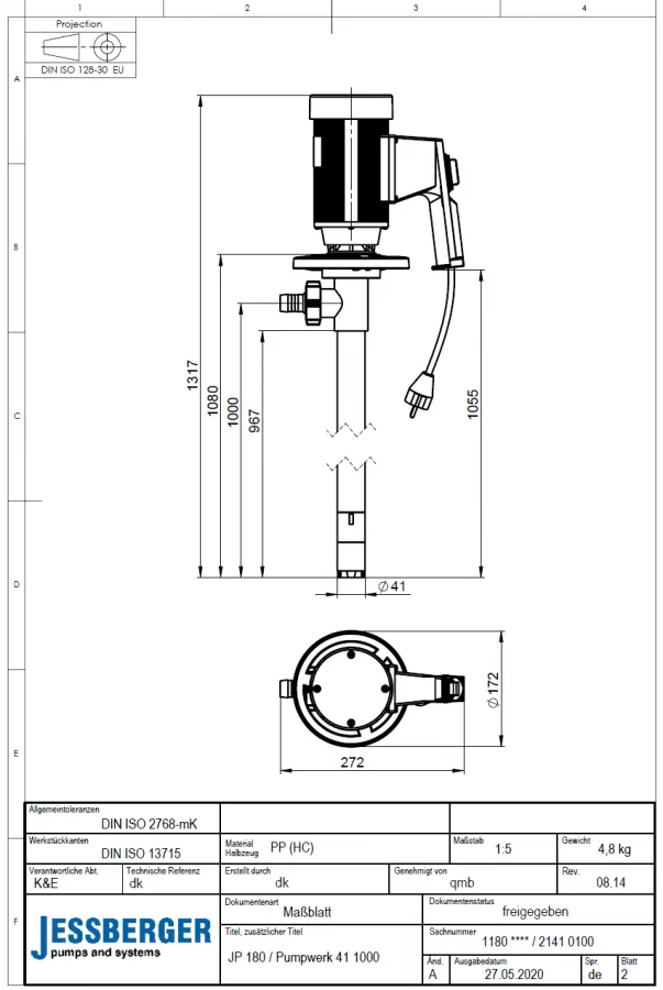JP-180 PP (HC) Ø 41 Set Pompa per Fusti – Soluzione Efficiente per Acidi, Basi e Detergenti