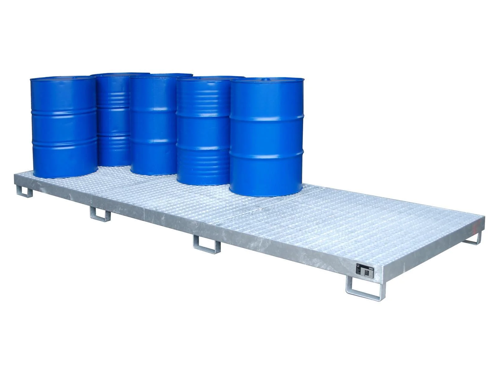 Vasca di contenimento 3850 × 1300 × 200 mm, 335 litri, Tipo AW-12., Ölfässer, blaue Fässer, Stahlplattform, Fasspaletten, industrieller Lagerplatz