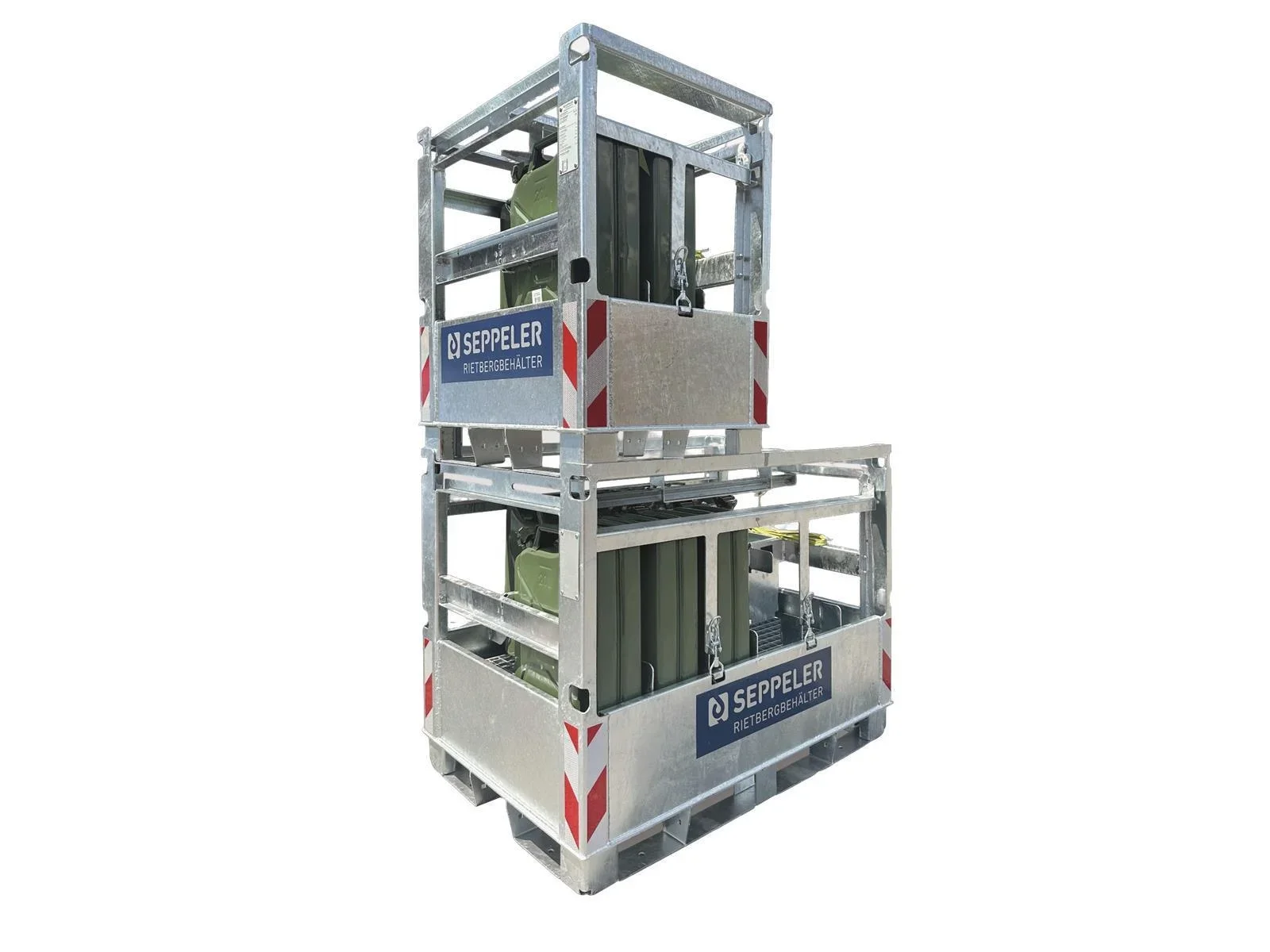 Seppeler Canistro – La soluzione innovativa per lo stoccaggio e il trasporto di contenitori, 5 contenitori., Gehhilfe, Hebebühne, Scherenbühne, Stahlrahmen, Riffelblech, Gerüst, Hubwagen, Fallschutz, Gitterkorb, Lagertechnik