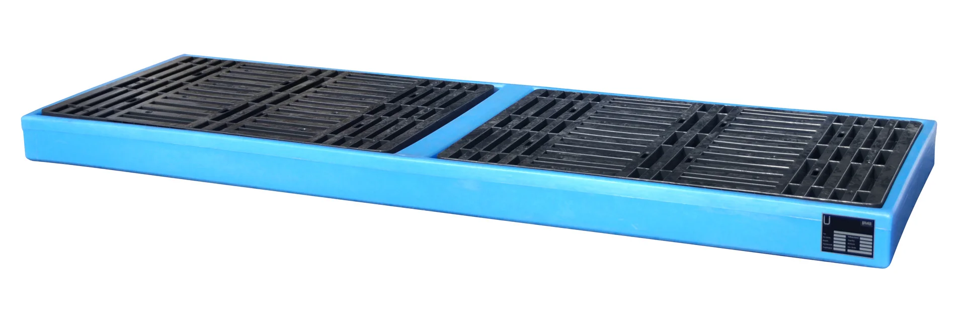 Vasche di protezione per pavimenti in PE, dimensioni 2610x895x150 mm, capacità 300 litri, Tipo BWPS-PE 300, blau, Regalauflage, Entwässerung, Laufschlitze, Plattform