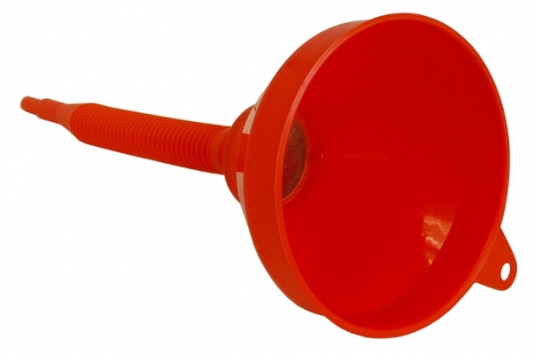MATO Kunststofftrichter, rot mit eingesetztem Sieb und aufschraubbarem, flexiblem Schlauch 160 mm Durchmesser MATO Kunststofftrichter, rot mit eingesetztem Sieb und aufschraubbarem, flexiblem Schlauch