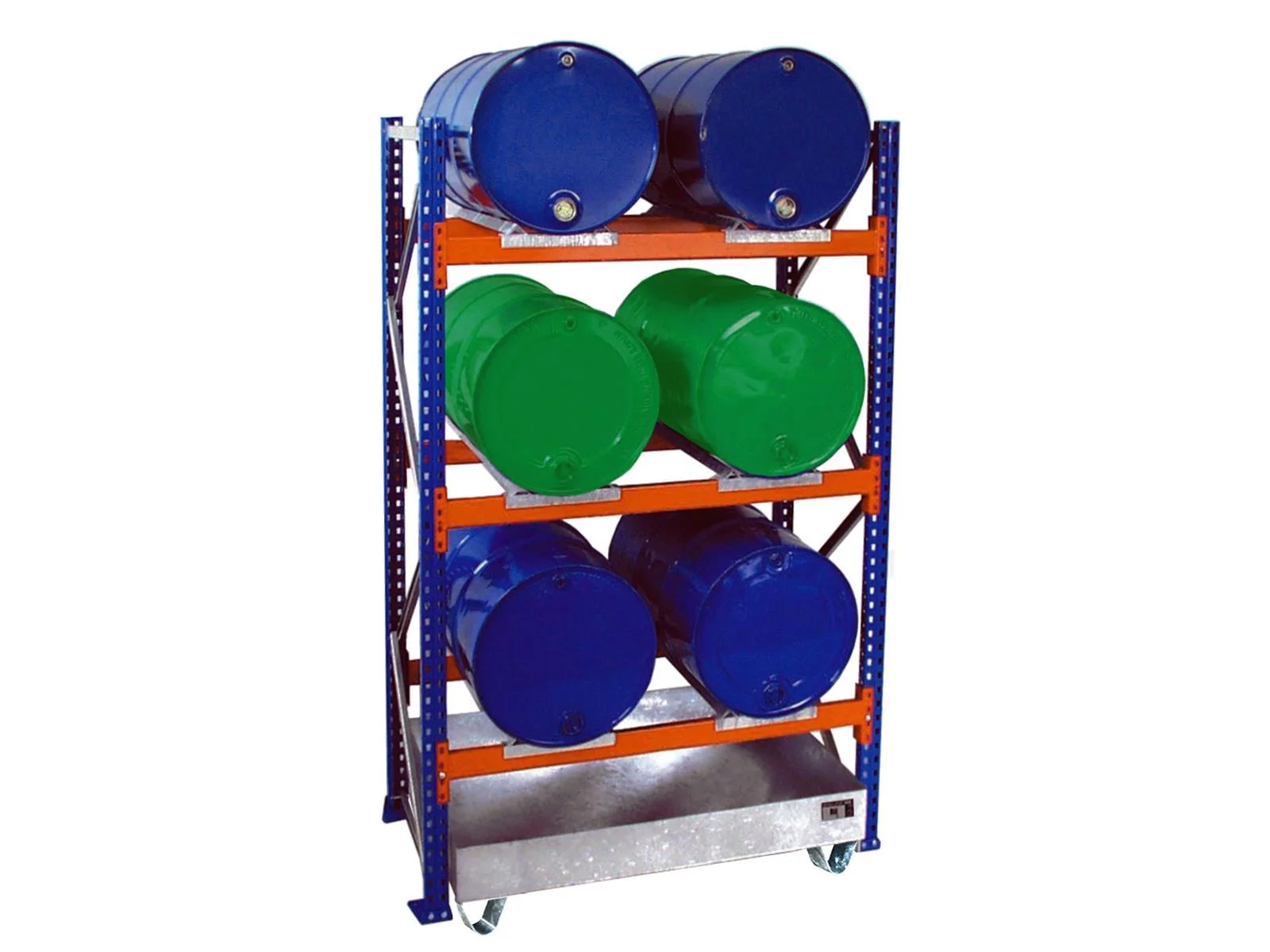 Scaffalatura per fusti con vasca di contenimento 3002, zincata BAUER, Kraftstofffässer, Fassregal, blaue Fässer, grüne Fässer, Rollregal