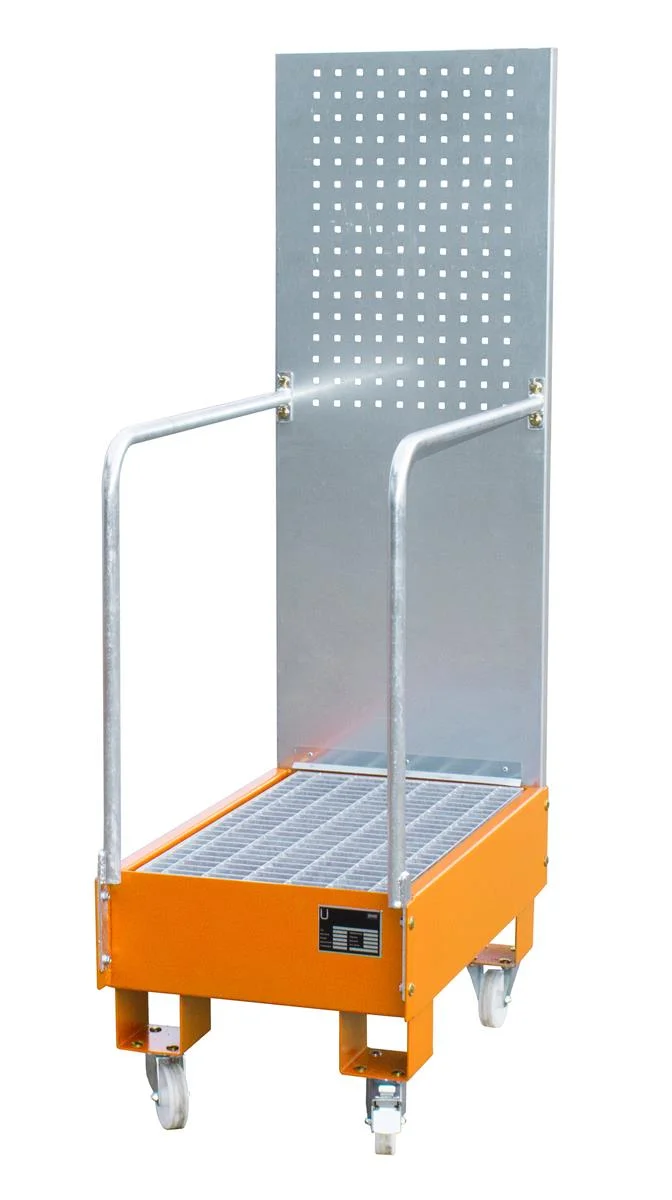 BAUER Fahrbare Auffangwanne mit Lochplattenwand LPW 60-3 für 2 Fässer à 60 l, lackiert RAL 2000 Gelborange, 500 × 875 × 1685 mm, 60 l