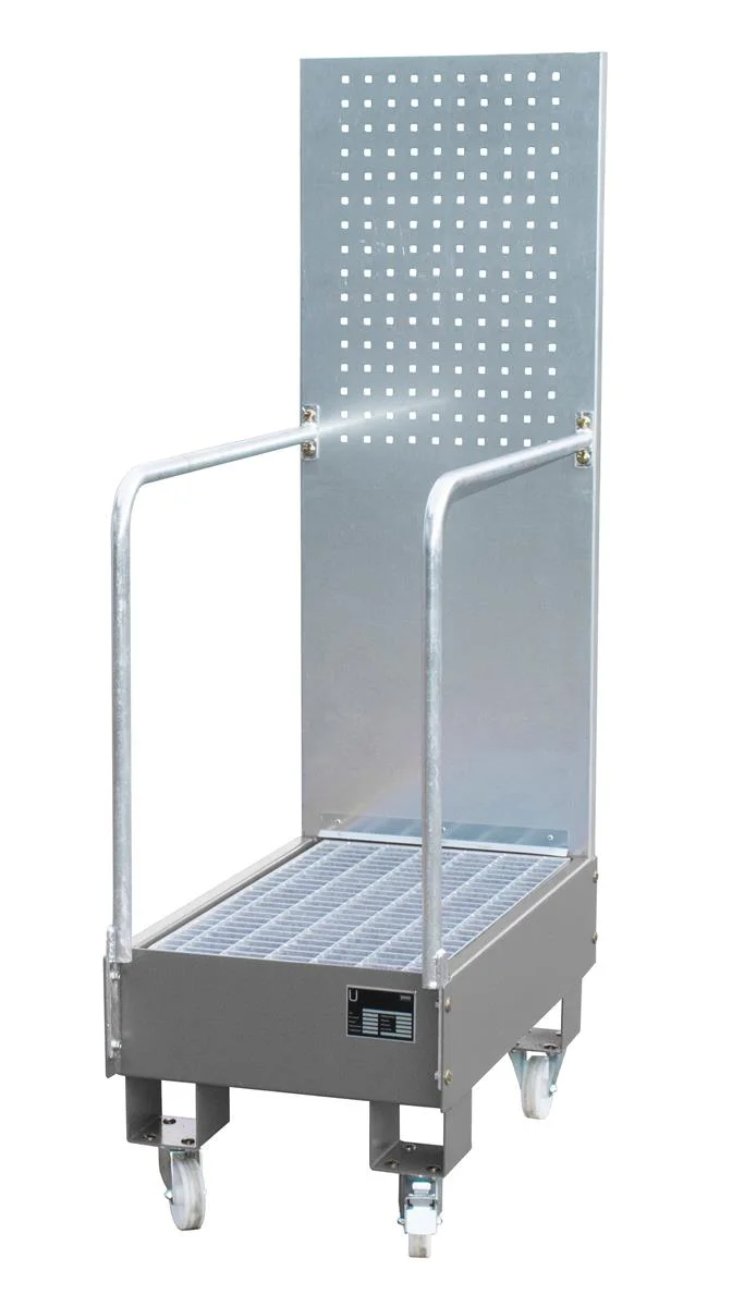 BAUER Fahrbare Auffangwanne mit Lochplattenwand LPW 60-3 für 2 Fässer à 60 l, lackiert RAL 7005 Mausgrau, 500 × 875 × 1685 mm, 60 l