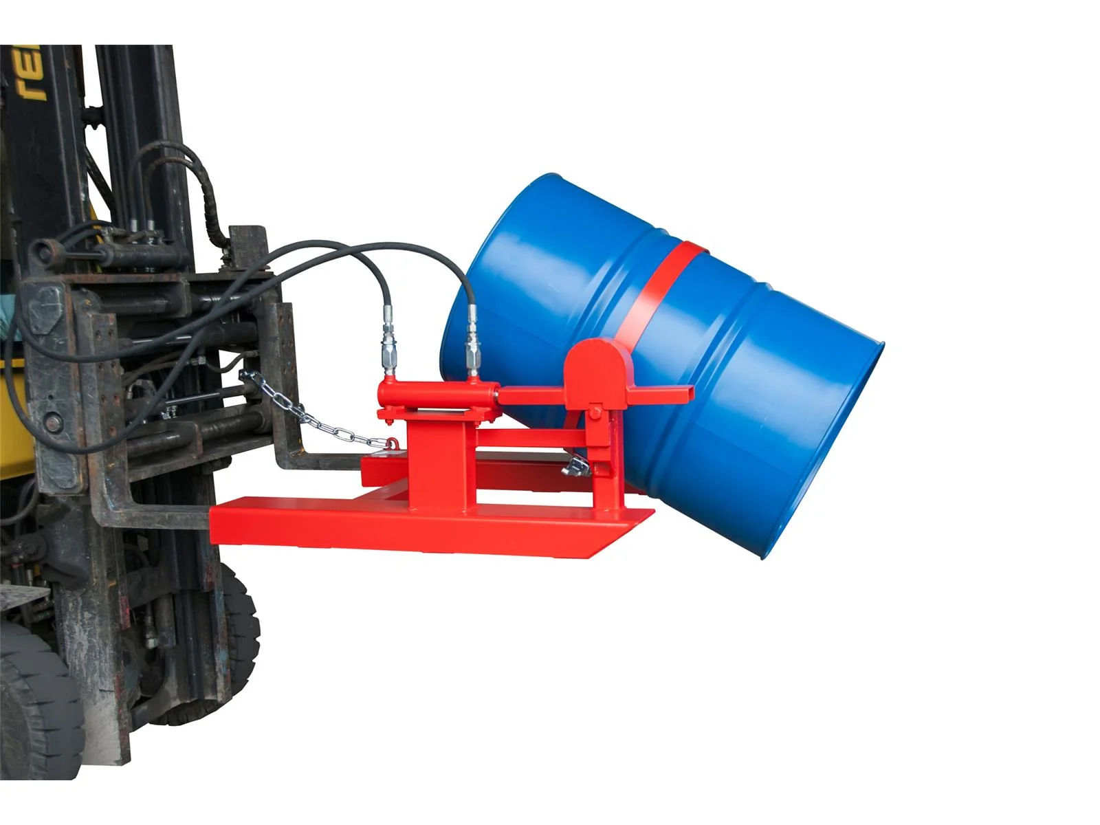 BAUER Drum Tipper FD-H, Painted RAL 3000 Flame Red, for Forklift, Lifting Cylinder, 200 l Drums, 360 kg, 1245 × 1000 × 475 mm