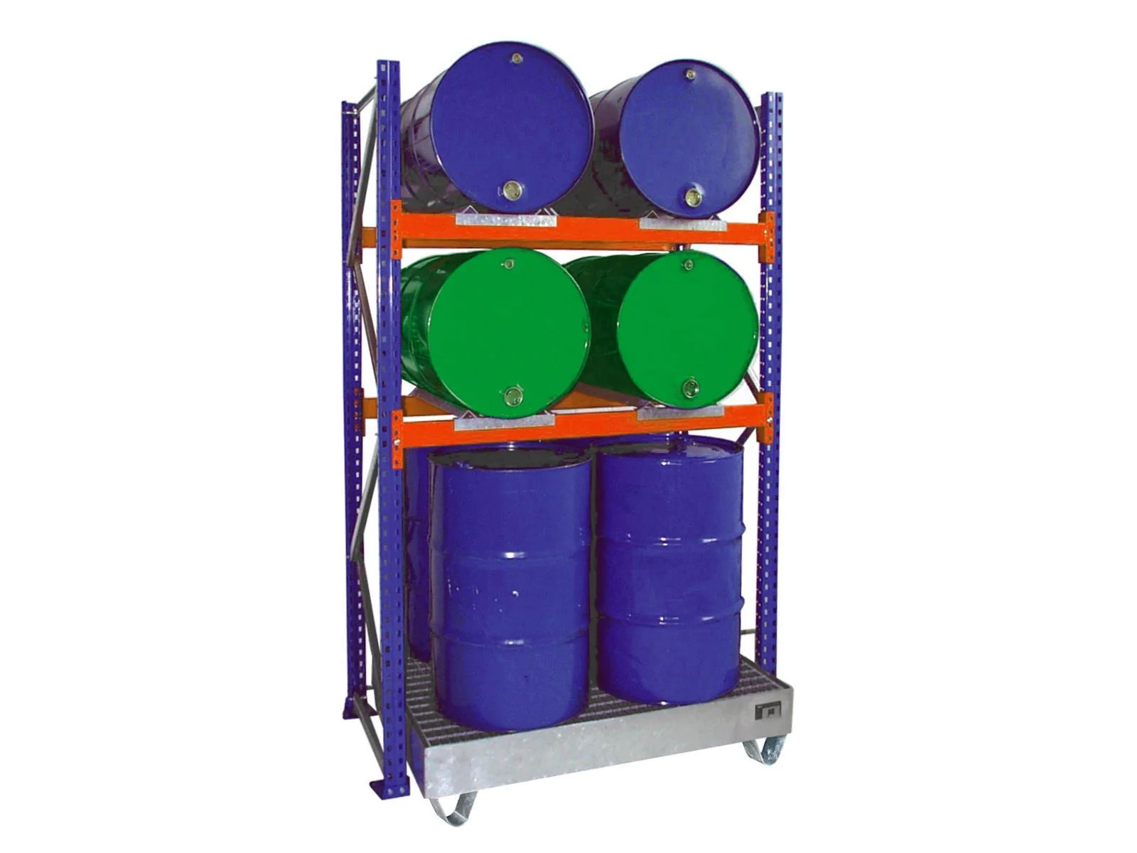 Scaffale di montaggio 3011 per fusti con vasca di contenimento zincata BAUER., Öltrommeln, Fassregal, Stahlregal, blaue Fässer, Aufbewahrungsschranke