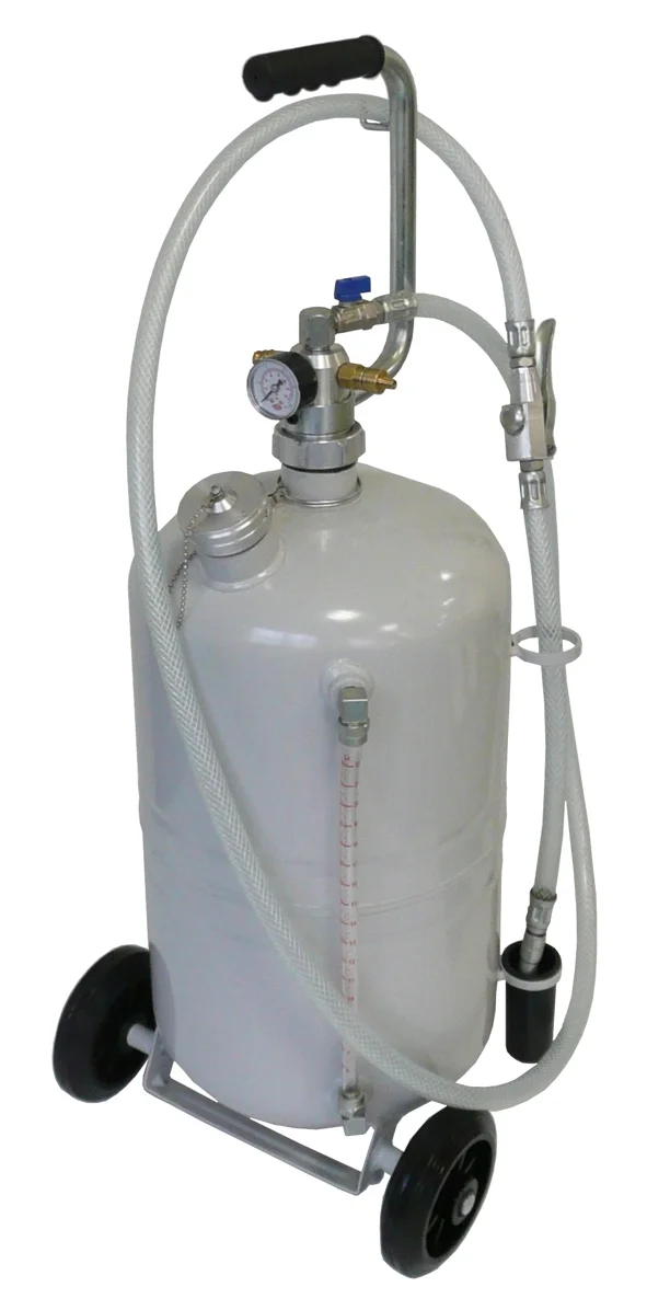 Dispenser per olio MATO da 24 litri, azionato pneumaticamente e dotato di ruote.