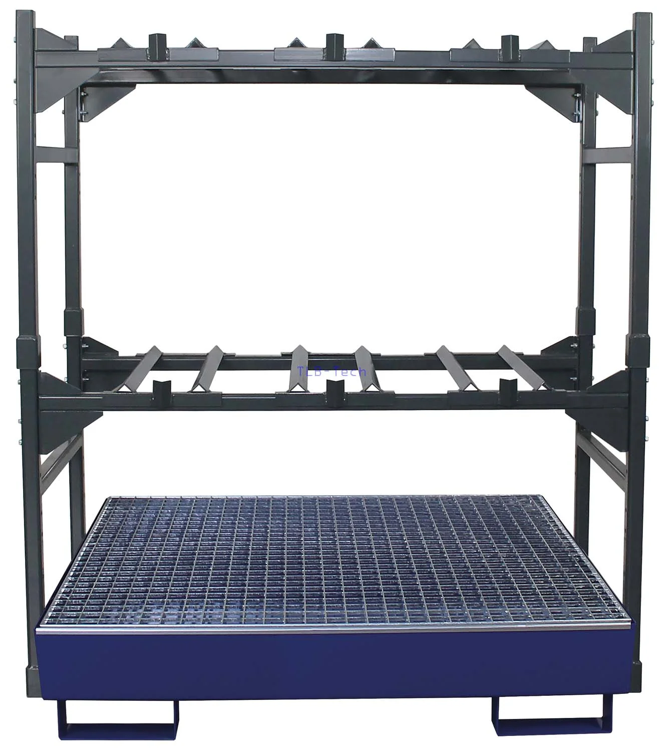 Scaffalatura per fusti con vasca di contenimento SAF-4 per tre fusti da 60 l o due fusti da 200 l, Schuttrahmen, Arbeitsbühne, Gitterrost, Schwarz, Stahlkonstruktion