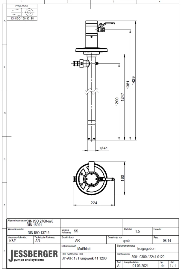 JP-AIR 1 SS Ø 41 Set Pompa per Fusti – Soluzione Efficiente per Liquidi Infiammabili in Aree a Rischio di Esplosione