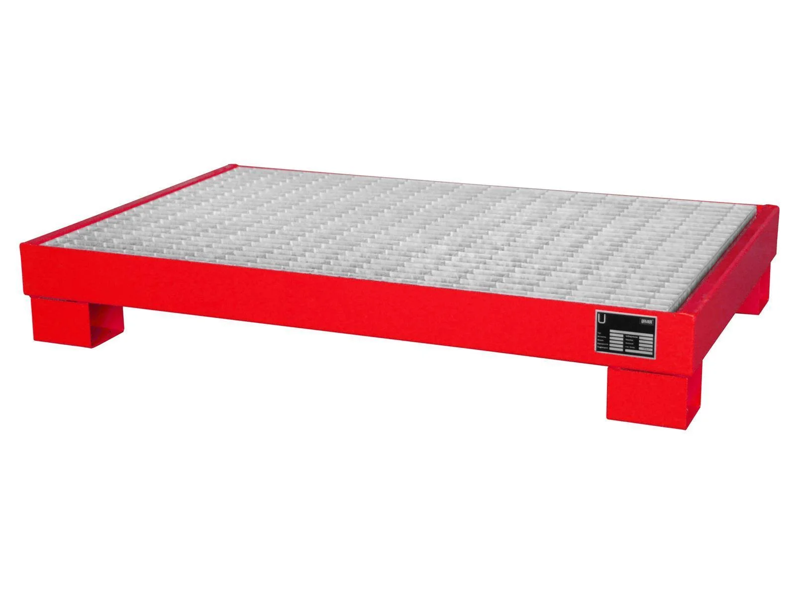 Vasca di contenimento 1300 x 800 x 205 mm, 74 litri, tipo AW60, per fusti da 60 l, con grigliato AW 60-3., Palette, Plattform, roter Rahmen, Stahlgitter, Industriepalette