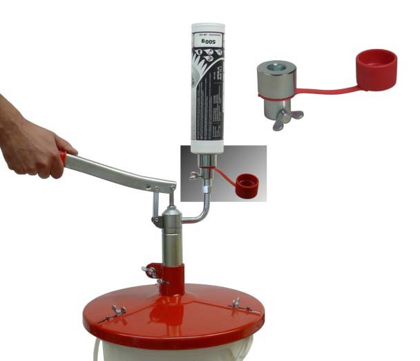 Fettpressen Füllgerät ecoFILL 25kg im Set Fettpresse u. Leerkartuschen Refill-Adapter für 500g Schraubkartuschen - Fülladapter MATO